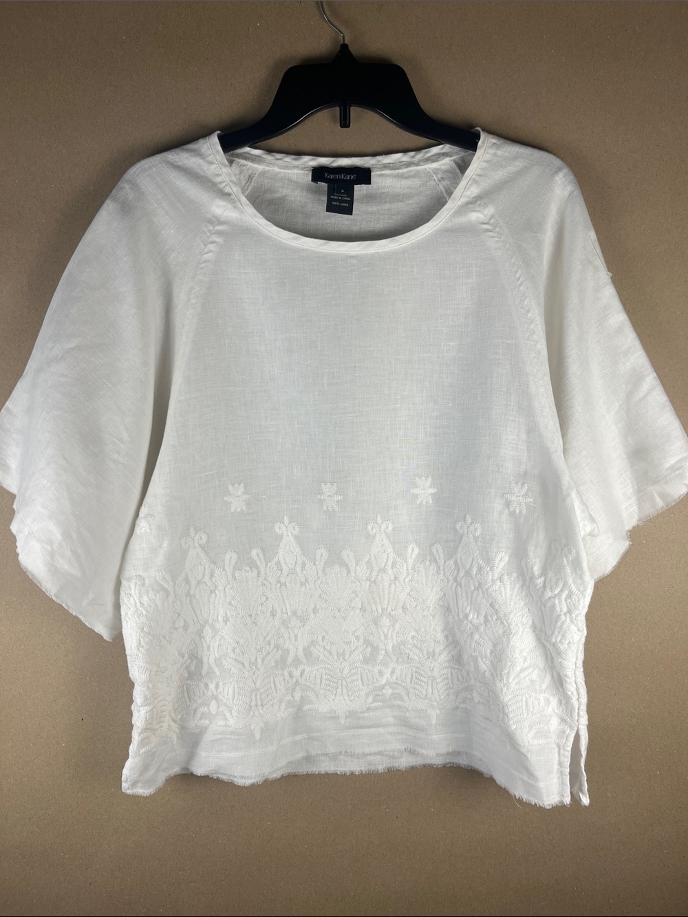 Karen Kane 100% Linen Embroidered Top S White Boho Raw Hem Boxy Crop